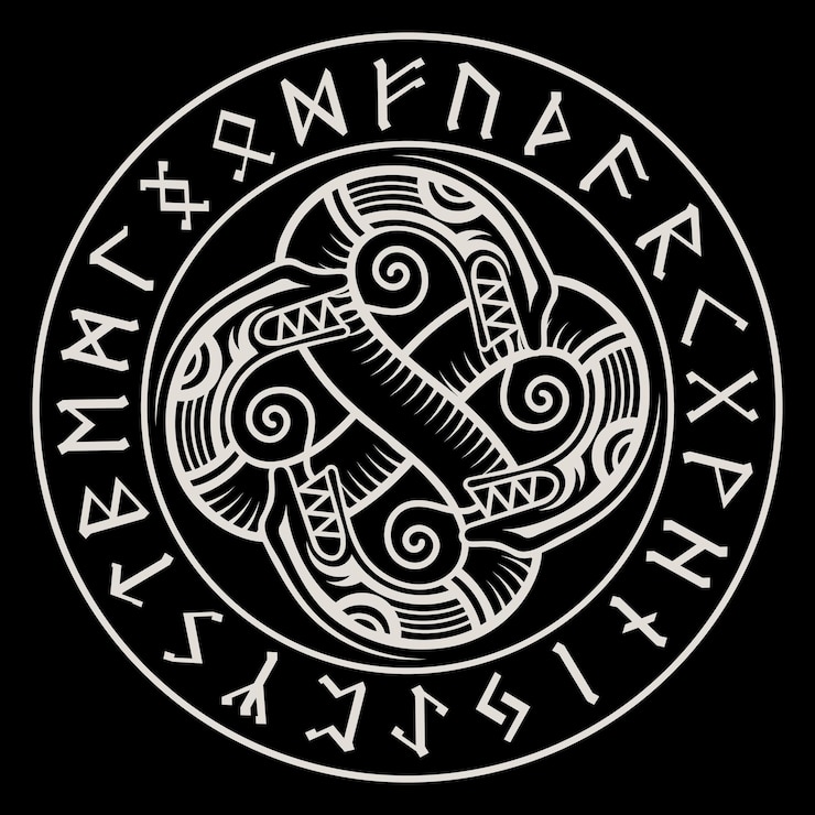 Vector scandinavian viking design ancient decorative dragon in celtic style scandinavian knotwork illustration and northern runes