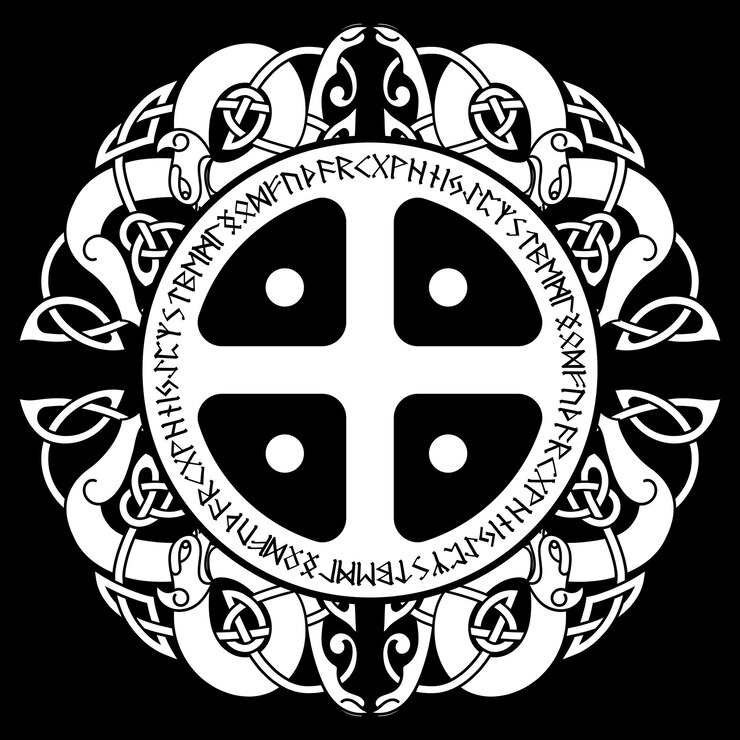 Vector scandinavian viking design sun cross old norse ornament and runes the alphabet of the ancient vikings