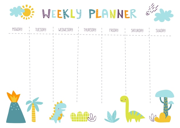 Scandinavian weekly planner with dino for children Jurassic design of timetable for kids