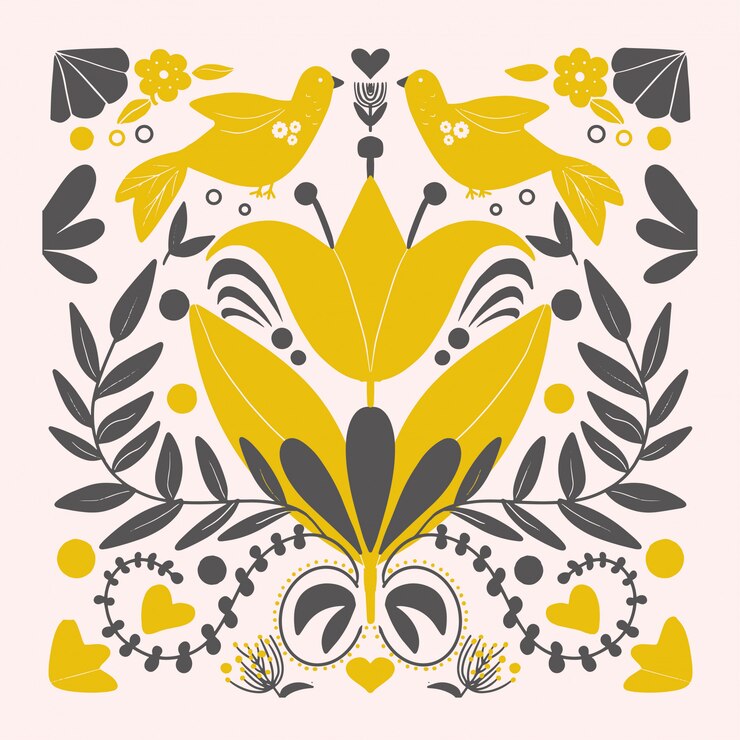 Vector scandinavian yellow  birds pattern folk art