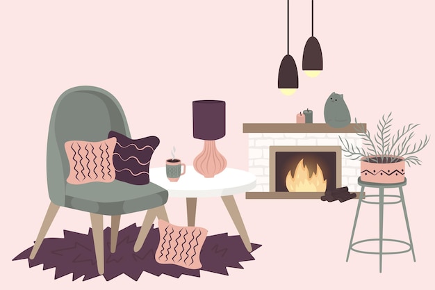 Vector scandinavisch interieur gezellig huis. hygge winterstijl. kersttijd