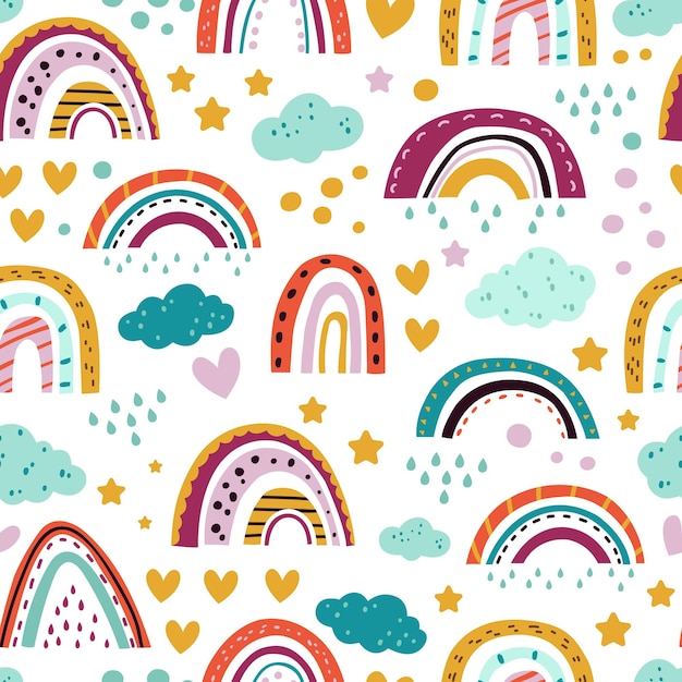 Scandinavisch regenboogpatroon. naadloze print, pastel babykamer behang. scandi getekend kinderachtig ster wolken exacte vector achtergrond. patroon regenboog scandinavische achtergrond, naadloos textuurontwerp