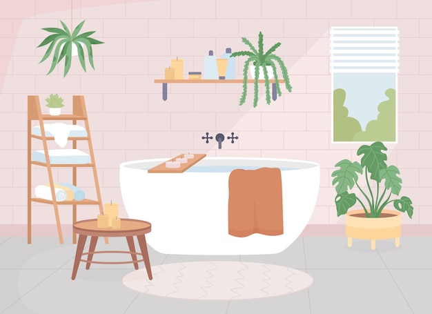 Scandinavische badkamer egale kleur vectorillustratie. Appartement in loftstijl. Comfortabele badkamer. Wasruimte met ligbad. Scandinavische stijl 2D cartoon interieur met inrichting op achtergrond
