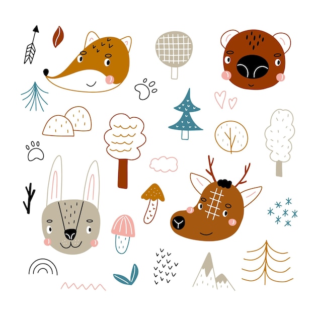 Scandinavische dieren set Met de hand getekend Doodle tekenfilm dieren met elementen van het bos en de geschenken van de natuur voor kinderposters ansichtkaarten kindert-shirts Vectorillustratie