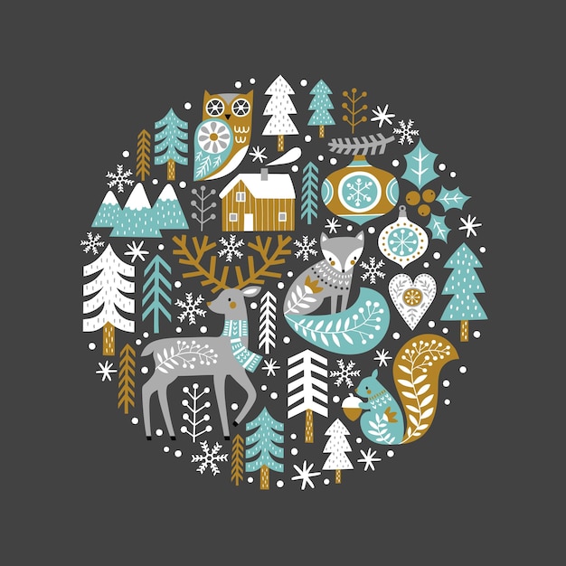 Vector scandinavische kerstillustratie met schattige bosdieren, bomen en sneeuwvlokken