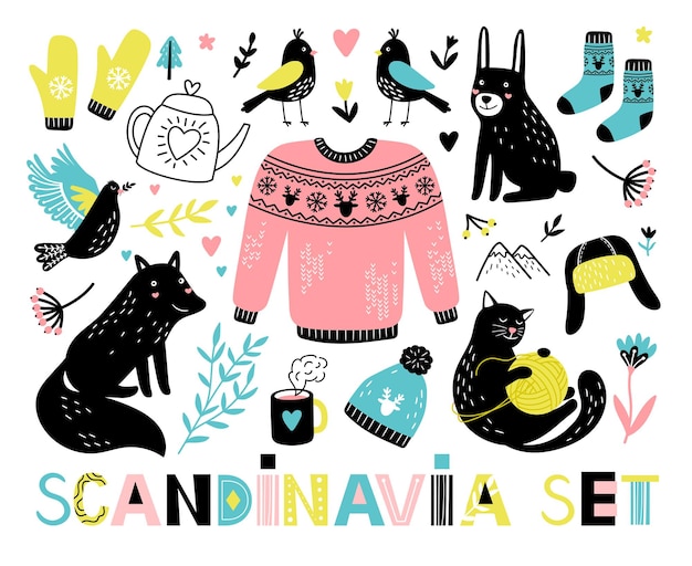 Scandinavische objectenset. cartoon schattige dieren en vogels, decoratieve stickers met boskarakters, bloemen en takken, vectorillustratie van schattige poster met handgetekende element