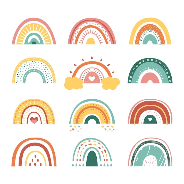 Scandinavische regenbogen kleur regenboog strepen verschillende abstracte kinderkunst moderne kinderkamer baby stickers schattig boho eenvoudige stijlvolle vector-elementen