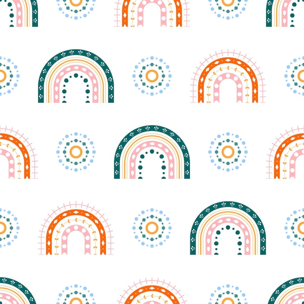 Scandinavische regenboog met ornamenten naadloos patroon