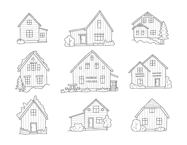 Scandinavische schattige huizen doodle set Scandinavische gevels