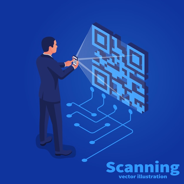 携帯電話でqrコードをスキャンするベクトル図等角図背景に分離現代のデジタル技術クイックコードをスキャンする