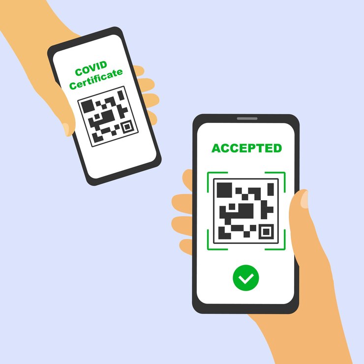 Vector scanning qr code on a smartphone screen of a covid certificate. on the second display, the green check mark icon, accepted