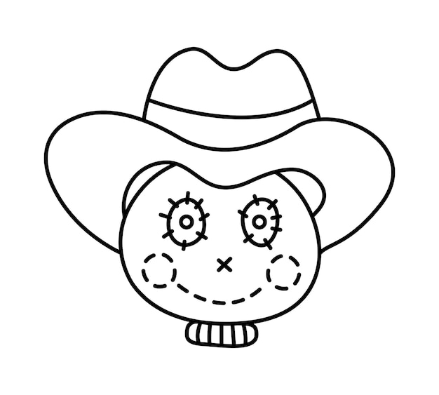 Testa di spaventapasseri con cappello da cowboy halloween face illustration silhouette outline