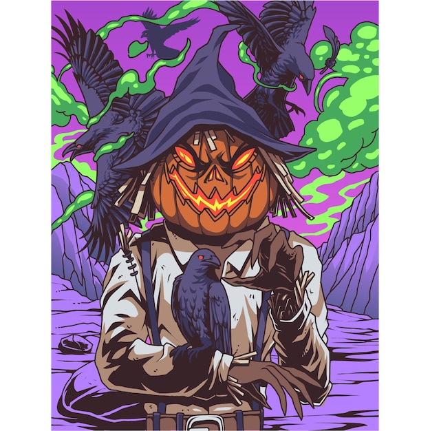 Scarecrow pumpkin with raven illustration