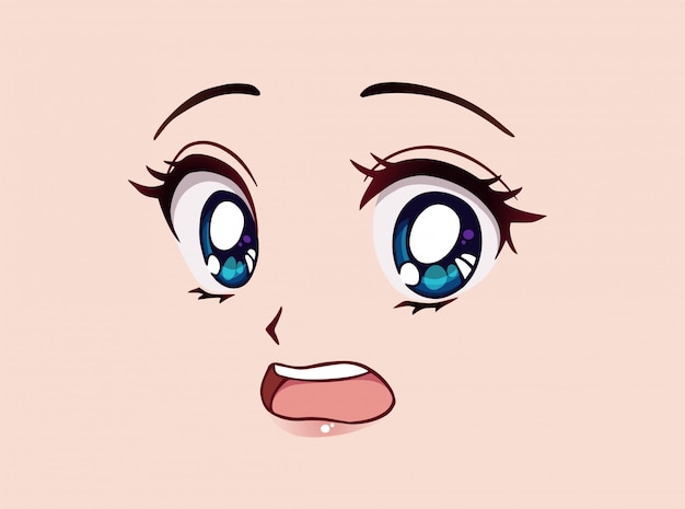 Испуганное аниме лицо. манга стиль большие голубые глаза, маленький нос и рот каваи. нарисованная рукой иллюстрация шаржа вектора.