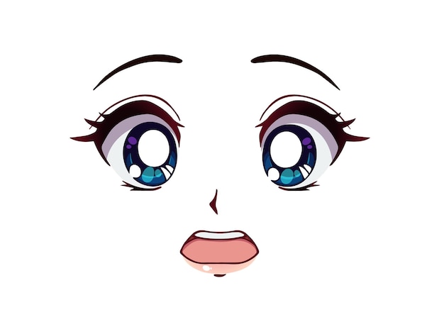 Scared anime face. Manga style big blue eyes, little nose and kawaii mouth. Hand drawn vector cartoon illustration.