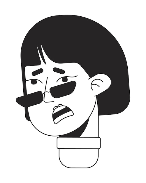 Scared asian woman in sunglasses monochrome flat linear character head Editable outline hand drawn human face icon 2D cartoon spot vector avatar illustration for animation