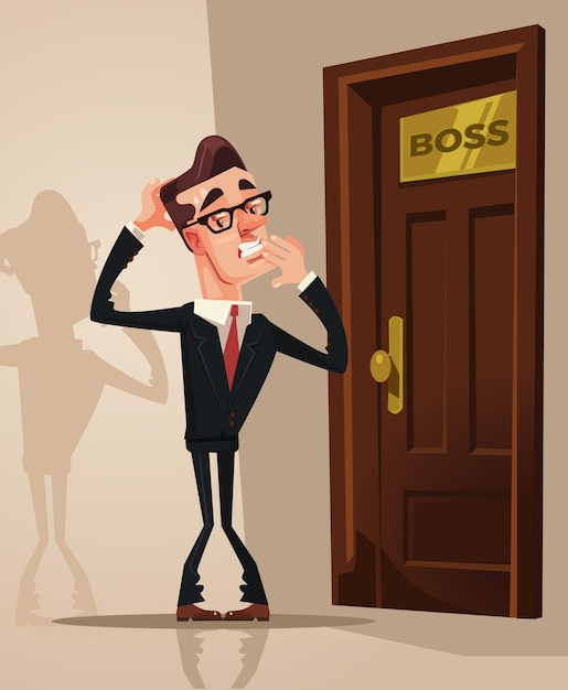 Scared frightened office worker man afraid enter boss office. Vector flat cartoon illustration