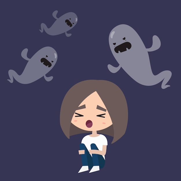 Vector scared girl surrounded by ghosts flat illustration