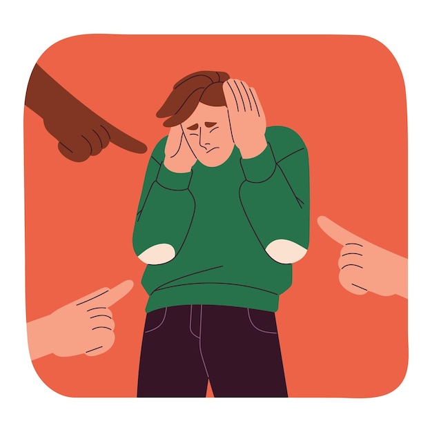 Vector scared man feel shame and social condemnation, victim of bullying. enissophobia, phobia of public censure, accuse and criticism concept. psychology of fear, mental disorder. flat vector illustration