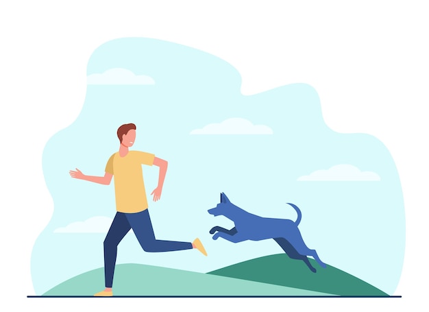 Vector scared man running away from dog