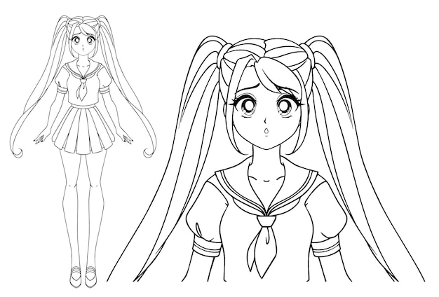 Scared manga girl with and two pigtails wearing japanese school uniform. hand drawn   illustration.