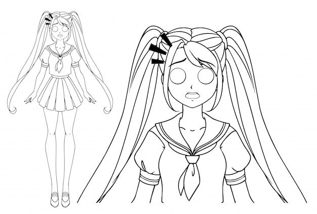 Scared manga girl with and two pigtails wearing japanese school uniform. Hand drawn vector illustration. Isolated.