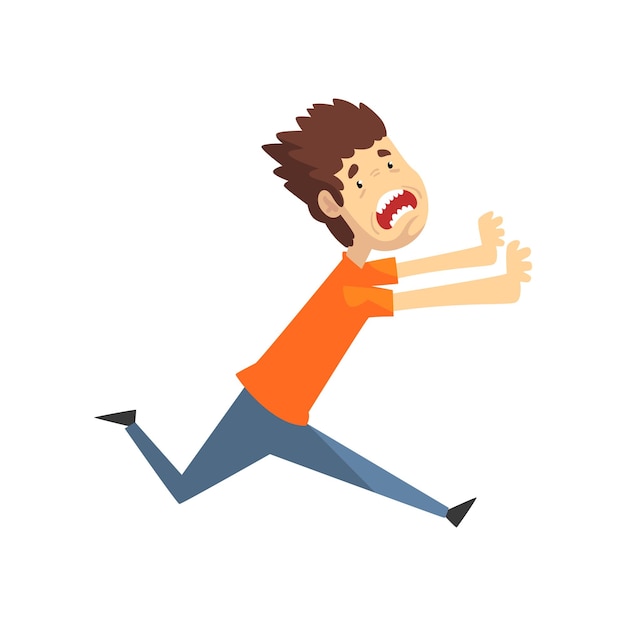 Scared and panicked young man running and shouting emotional guy afraid of something vector Illustration isolated on a white background