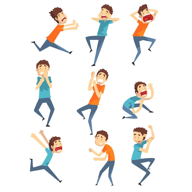 Scared and panicked young men set emotional guys afraid of something vector Illustration isolated on a white background
