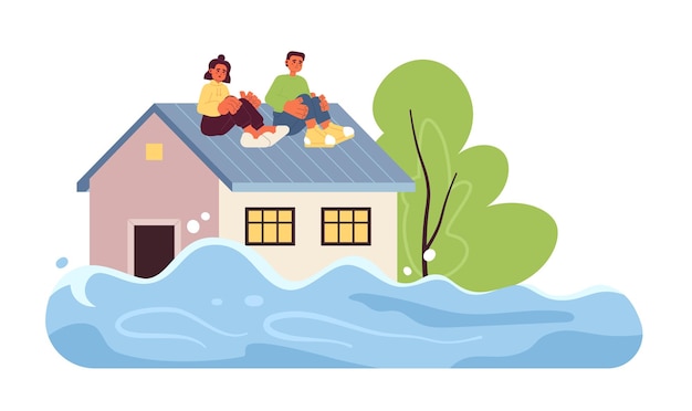 Scared people on flooded house roof flat concept vector spot illustration Deep water Rescue operation for 2D cartoon characters on white for web UI design Isolated editable creative hero image