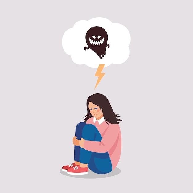 Scared sad girl suffers of phobias, depressive disorder, paranoia, stress. Vector illustration of mental problems