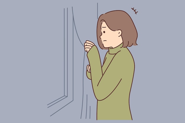 Vector scared unhappy woman look out of window feel anxious