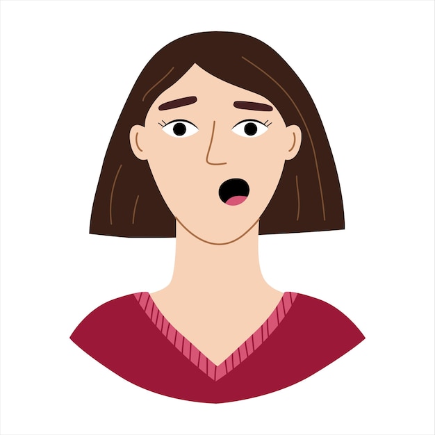 Scared woman's face with a square haircut in a flat style Modern vector character with expression emotions