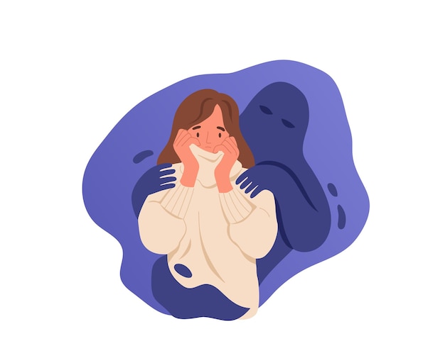 Vector scared woman with imaginary shadow touching her shoulders fear concept vector flat illustration