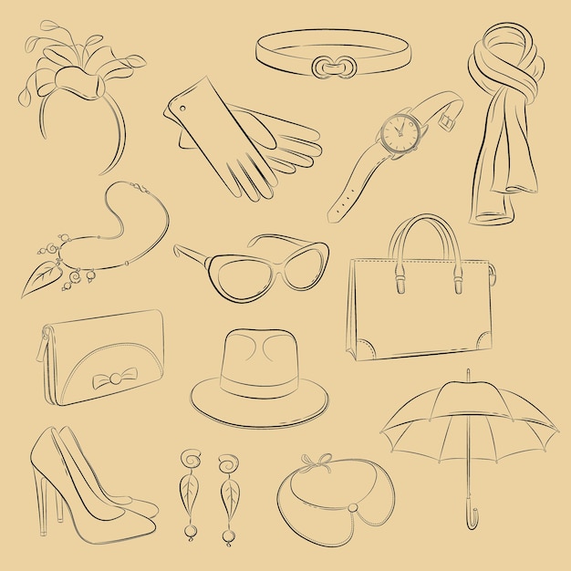 Vector scarf bag purse gloves umbrella hair band necklace hat collar watch belt shoe sunglasses
