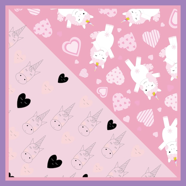 Scarf design seamless pattern with unicorn and heart on two tone background