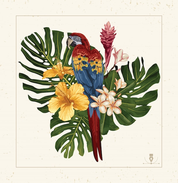 Scarlet macaw and tropical flowers