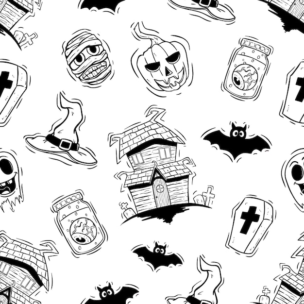 手でシームレスパターンでスカーリーハロウィーンのアイコン描画スタイル