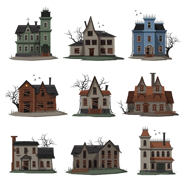 Scary abandoned houses collection halloween haunted mansions with boarded up windows creepy trees