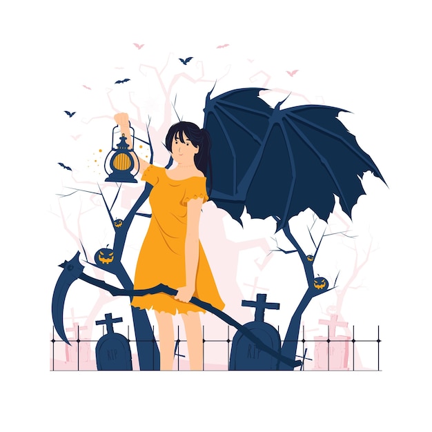 Scary angel of death holding scythe and lantern on halloween concept illustration