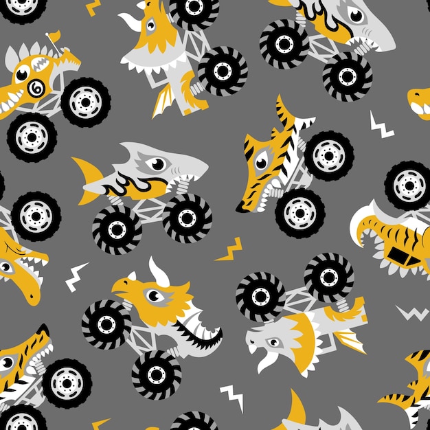 Scary animal monster trucks seamless vector pattern