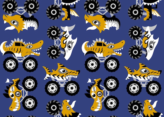 Vector scary animal monster trucks seamless vector pattern