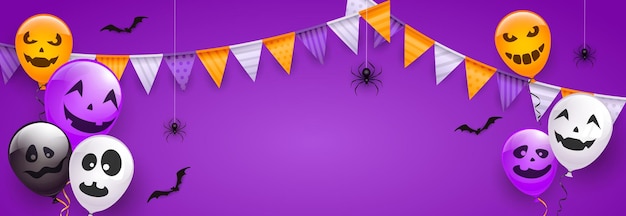 Scary balloons and spiders on purple halloween background