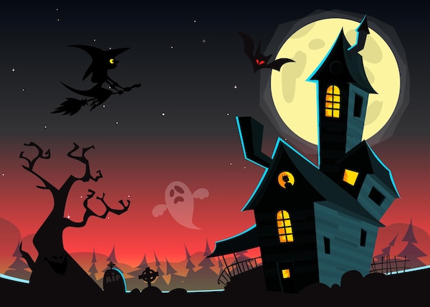 Vector scary cartoon haunted house halloween vector illustration