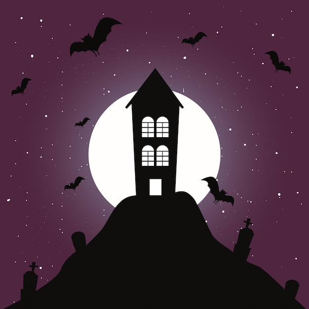 Vector scary castle with moon in scene of halloween