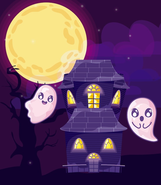 Scary castle with moon in scene of halloween