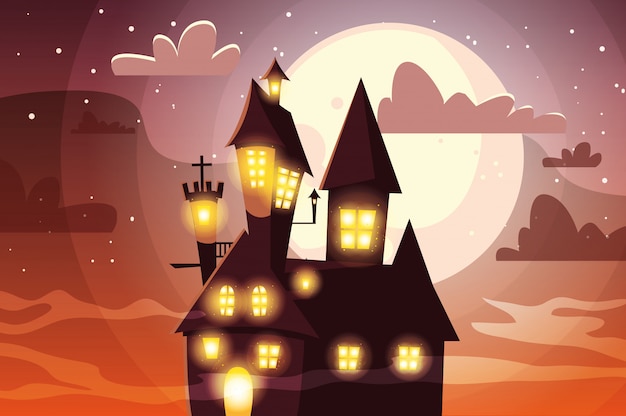 Scary castle with moon in scene of halloween