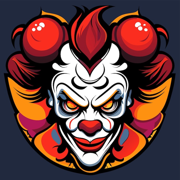 Capo di clown spaventoso con capelli rossi disegnato a mano piatto adesivo di cartone animato elegante concetto di icona isolato