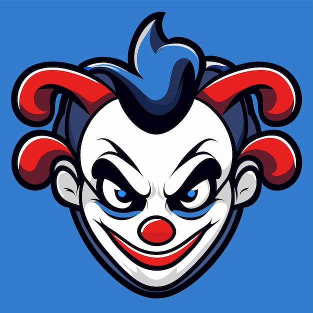 Scary clown joker evil head with blue hair hand drawn flat stylish cartoon sticker icon concept