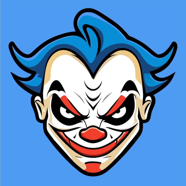 Vector scary clown joker evil head with blue hair hand drawn flat stylish cartoon sticker icon concept