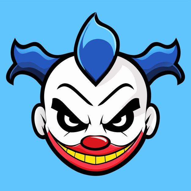 Scary clown joker evil head with blue hair hand drawn flat stylish cartoon sticker icon concept